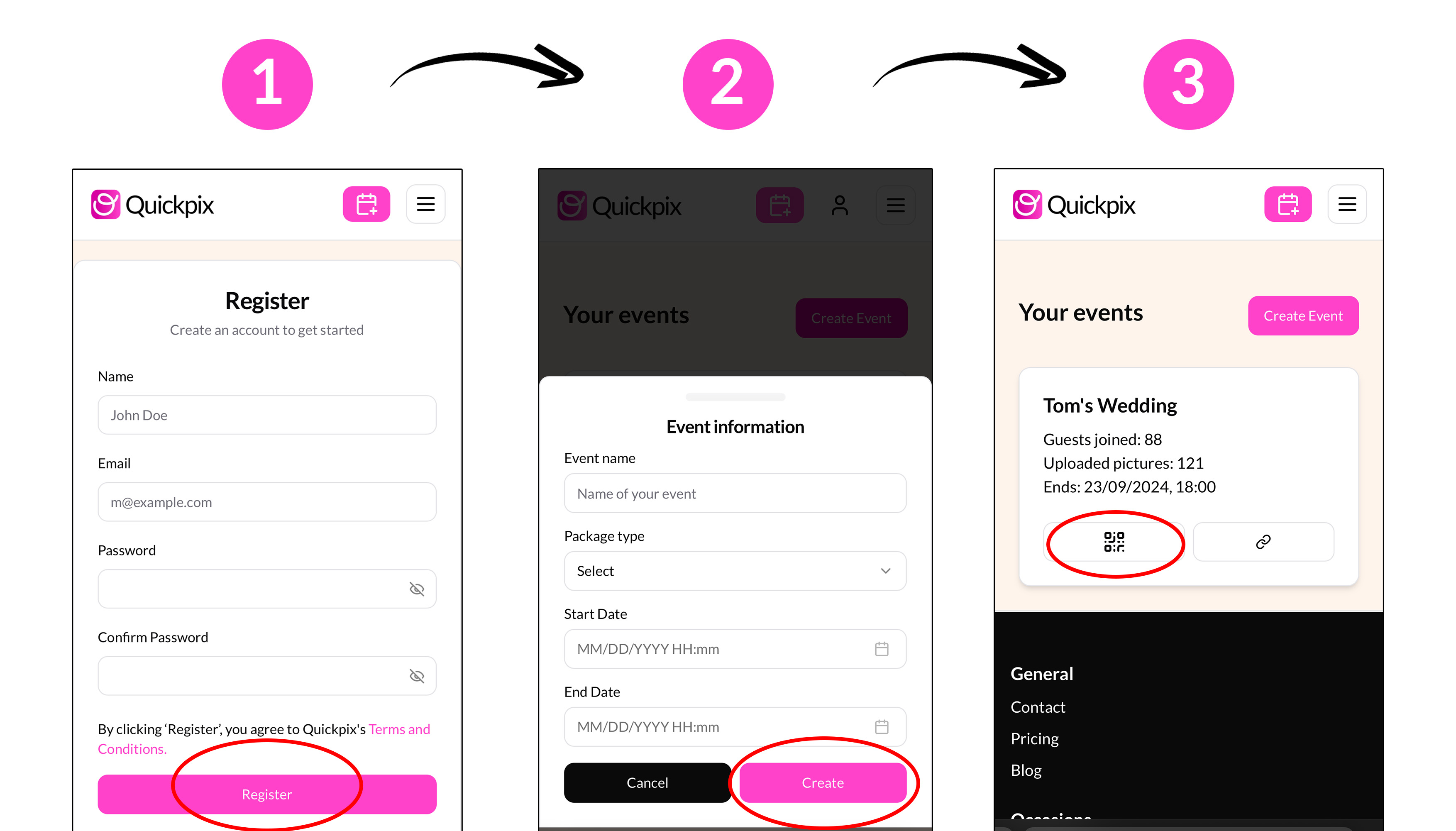 Steps to create an event on Quickpix